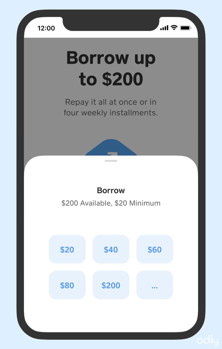 A screenshot of the Cash App borrow feature and available borrow amounts, including the minimum and maximum.