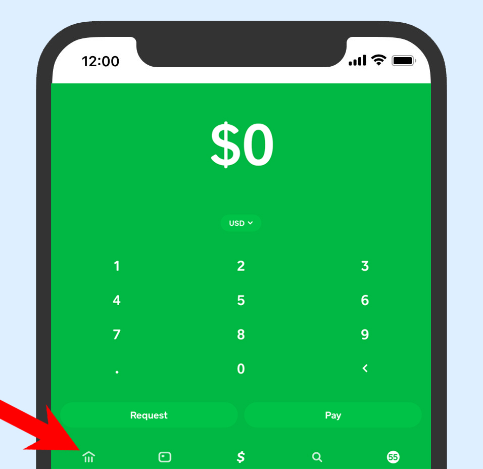 Cash App Screenshot with an arrow pointing to the banking money tab.