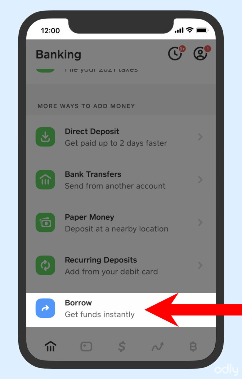 A screenshot of where to find the borrow feature in the Cash App menu.
