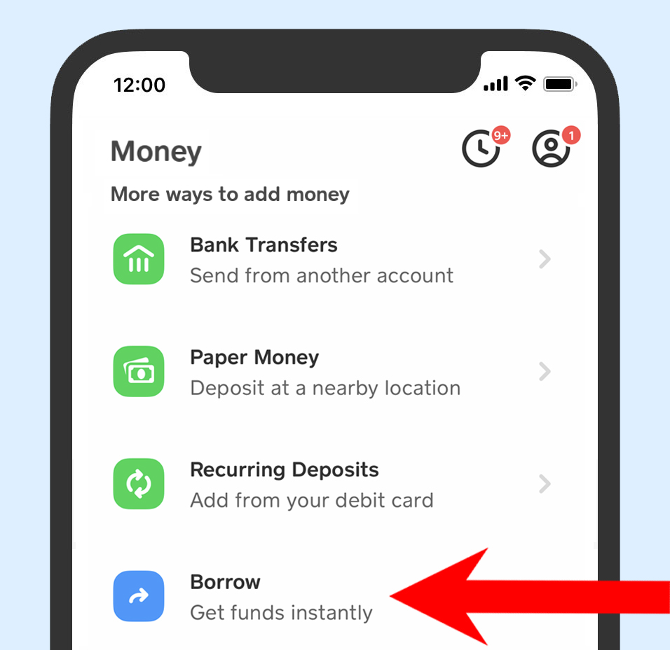 Screenshot of the banking money screen in Cash App with enabled borrow money feature.